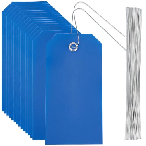 SOFPLATE 100 Stück Blaue Hängeetiketten Blanko Versandetiketten Mit Eisendraht 4.7 x 2.4{1} cm Rechteckig Wasserdicht Kunststoff PVC Öse Identifikations Namensschild Etiketten Set Zum Aufhängen von Na von SOFPLATE