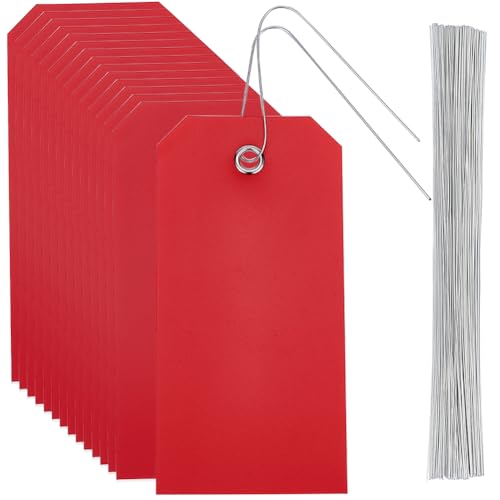 SOFPLATE 100 Stück leere rote Etiketten, wasserdicht, mit Eisendraht-Aufhängeöse, rechteckig, 11,9 x 6,1 cm, Kunststoff, PVC, Namensschild, Beschriftungs-Set zum Aufhängen von Namenskarte, Handtasche, von SOFPLATE