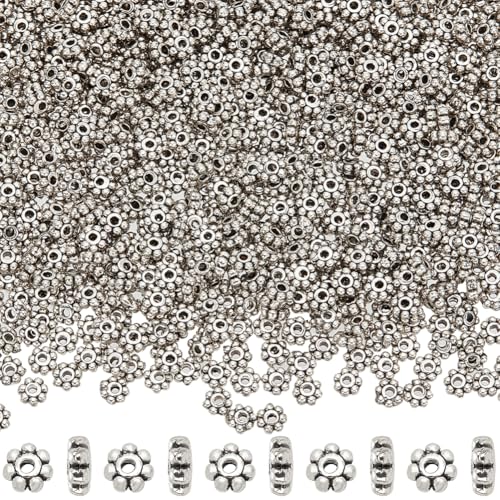 SOFPLATE 1000 Stück 4,5 mm große Blumen-Abstandshalter, silberfarbene Gänseblümchen-Metallperlen, tibetische, antike Legierung, Mini-Schneeflocken-Rondelle, lose Charm-Perlen für Schmuckherstellung, von SOFPLATE