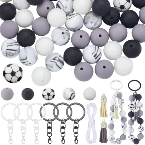 SOFPLATE 127 Stück Fußball Silikonperlen 15mm Sport Schlüsselanhänger Set Silikon Schwarz Grau Fußball Schlüsselanhänger Set Mit Quaste Und Nylonfaden Zur Schmuckherstellung Urlaubsparty Dekorationen von SOFPLATE