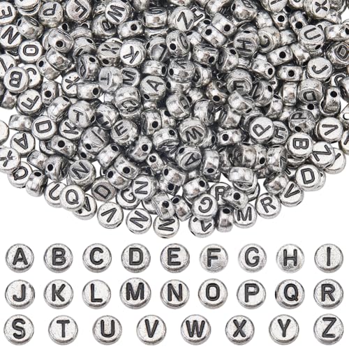 SOFPLATE 1500 Stück Silberne Buchstabenperle Großpackung Flache Runde Alphabet Perlen 4x7mm Acryl Kleine AZ Buchstaben Schwarze Abstandshalter Bastelperlen Für Die Schmuckherstellung Armbänder Perlen von SOFPLATE