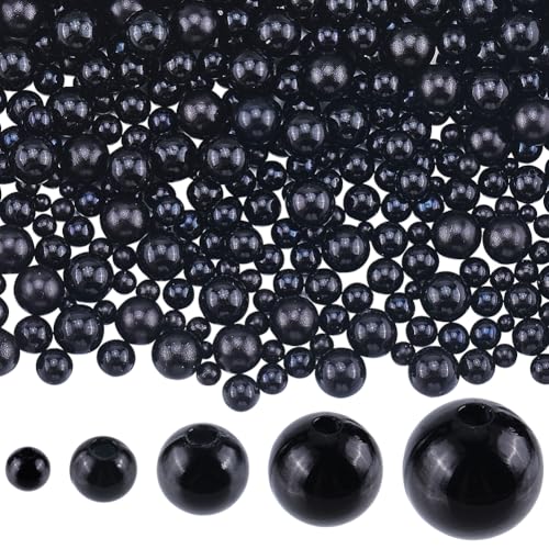 SOFPLATE 1830 Stück schwarze Perlen aus ABS-Kunststoff, runde Perlen, Großpackung 4 mm, 6 mm, 8 mm, 10 mm, 12 mm, Kunstperlen mit Loch, lose Abstandshalter, Perlen für Halsketten, Armbänder, Ohrringe, von SOFPLATE