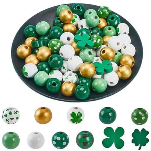 SOFPLATE 200 Stück 11 Stile St. Patricks Day Perlen Saint Patricks Day Perlen 16mm Groß Grün Weiß Gold Frühlingsklee Runde Punkte Feiertags Holzperlen Für Die Schmuckherstellung Halsketten DIY Bastel von SOFPLATE