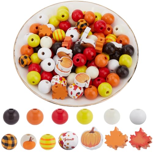 SOFPLATE 204 Stück Thanksgiving Holzperlen Herbst Holzperle Großpackung Halloween Rustikales Bauernhaus Orange Herbst Runde Ahornblatt Kürbisform Karierte Perlen Für Girlanden Perlenschmuckherstellung von SOFPLATE