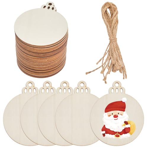 SOFPLATE 30 Stück 7,6 cm große Holz-Weihnachtsschmuck, runde Holzrohlinge, natürlich, unlackierbar, schneeballförmige Verzierungen mit Jute-Schnur für Bastelarbeiten, Tafelaufsätze, hängende von SOFPLATE