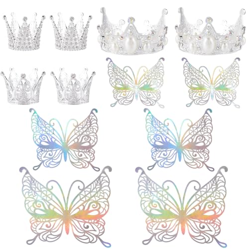 SOFPLATE 30 Stück Kronen Kuchenaufsatz Set Krone Geburtstagsdeko Silberlegierung Strass 3D Hohler Schmetterling Kleine Mini Tiara Mit Aufklebern Topper Set Für Hochzeit Geburtstag Kuchen Blumen Party von SOFPLATE