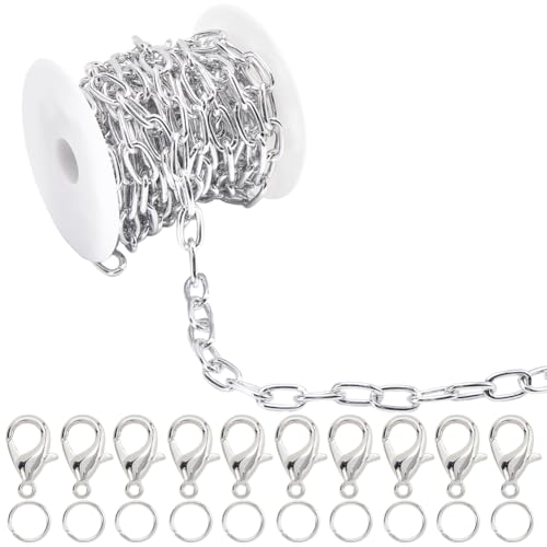 SOFPLATE 5 m lange Kabelkette für Schmuck, Silberkette, Schmuckherstellung, Aluminium, ungeschweißt, 11 × 19,5 mm, ovales Glieder mit Biegering und Karabinerverschluss, Kettenverbinder-Kits für von SOFPLATE