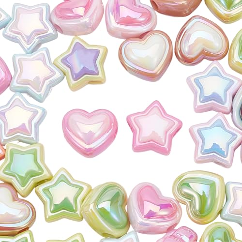 SOFPLATE 50 Stück 2 Stile Stern Stift Perlen Focal Acryl Perlen Bunt Blickdicht Herz Chunky Bubblegum Perlen Glatt Glänzend Lose Abstandshalter Perlen für Schmuckherstellung Beadable Stifte Charms von SOFPLATE