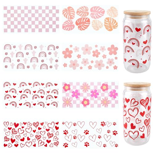 SOFPLATE 8 Stück 8 Stile Glasbecher Aufkleber Rosa UV DTF Becher Wraps Transparenter Kunststoff Herz Blume Floral Quadratisch Fußabdruck Regenbogen Kaktus Wasserdichte Aufkleber Für Becher Holzdekorat von SOFPLATE