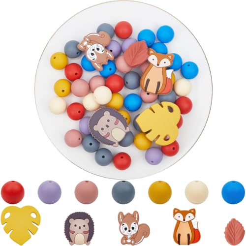 SOFPLATE 83 Stück Thanksgiving Silikonperle Mit Tiermotiven Cartoon Fuchs Eichhörnchen Igel Blatt Waldtiere Verschiedene Bunte Runde Abstandsperlen Für Perlenstifte Armbänder Schlüsselanhänger Schlüss von SOFPLATE