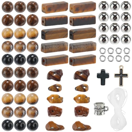 SOFPLATE Tigeraugen-Perlen-Set, 8 mm, Edelstein-Perlen, Armbandherstellungs-Set mit Kreuz, Emaille, Abstandshalter, Bügelperlen, Kristall-Stretchschnur für Ostern, Rosenkranz, Schmuckherstellung, von SOFPLATE