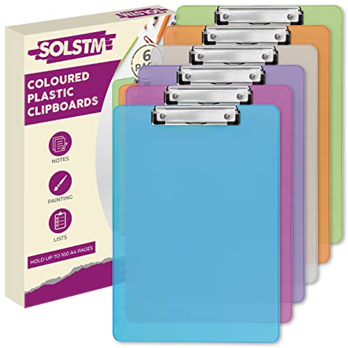 SOLSTM Buntes Klemmbrett aus Kunststoff, A4, 6 Stück, farbige Klemmbretter im A4-Format, für 100 Blatt, Clipboards Multipack mit sicherem Halt – robuste Kunststoff-Klemmbretter 6 Stück von SOLSTM