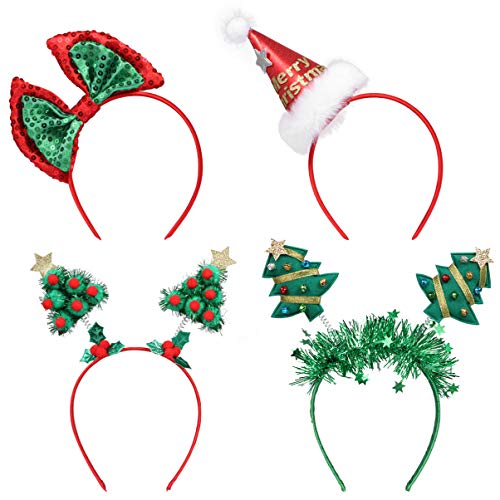SOLUSTRE Weihnachten Stirnbänder Pailletten Weihnachtsbaum Santa Hut Bögen Stirnband Haarreif Christmas Headband Partyhüte für Kinder Erwachsene Weihnachten XMAS Party Geschenke 4 Stück von SOLUSTRE