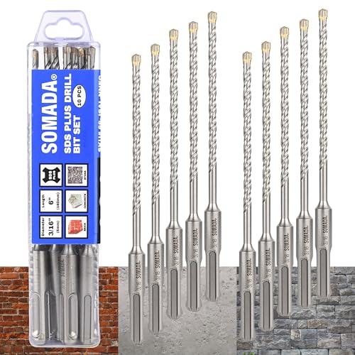 SOMADA SDS-Plus-Bohrer-Set, 3/16 Zoll x 6 Zoll, SDS-Plus, Hartmetallspitze für Beton, Ziegel, Stein und Mauerwerk, 10 Stück von SOMADA