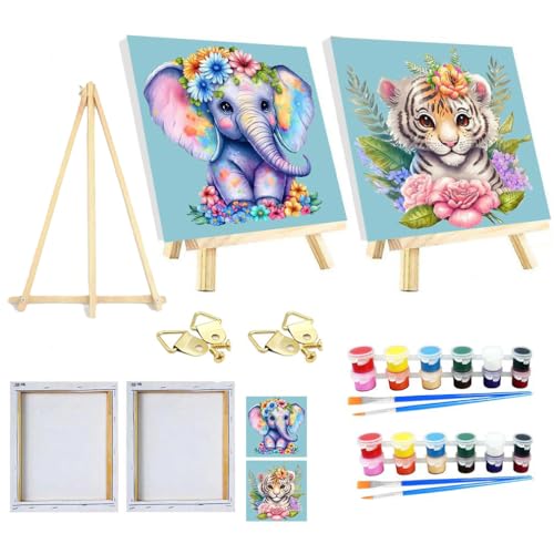 SOMHORN Malen Nach Zahlen Erwachsene Kind kleiner Elefant kleiner Tiger Faltenfreie Leinwand Acryl Pigment Home Deko Geburtstag Festival Geschenk 2 Pack (7.8x7.8in/20x 20cm) von SOMHORN