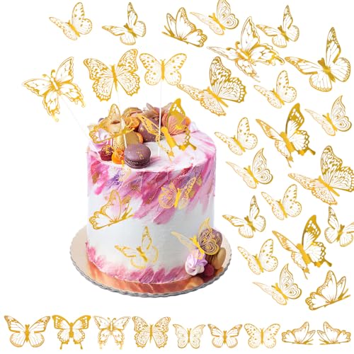 Schmetterlinge Deko Torte, 45 Stück Schmetterling Tortendeko, Gold Torten Deko, Cupcake Topper für Kuchen Dessert Cupcake Muffins, Geburtstag Hochzeit Party Dekoration von SONEER