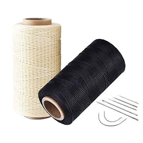 2pcs 260 Meter 0.8mm 150D Flache Leder gewachst Wax Gewinde, Wachs-Draht-Polyester-Linie mit 1 Set (7pcs) Gebogene Polster N?hnadeln f¨¹r Mei?el Ahle Polster-Schuhe Gep?ck Handwerk (Beige + Schwarz) von SONGER