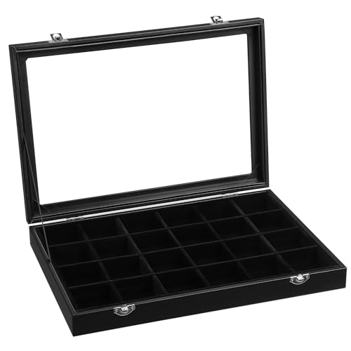 SONGMICS Schmucklade, Schmuckschatulle mit 24 Fächern, Schmuck-Organizer mit Samtfutter, Glasdeckel und Verschluss, Geschenkidee, 35 x 24 x 4,3 cm, schwarz JDS303 von SONGMICS