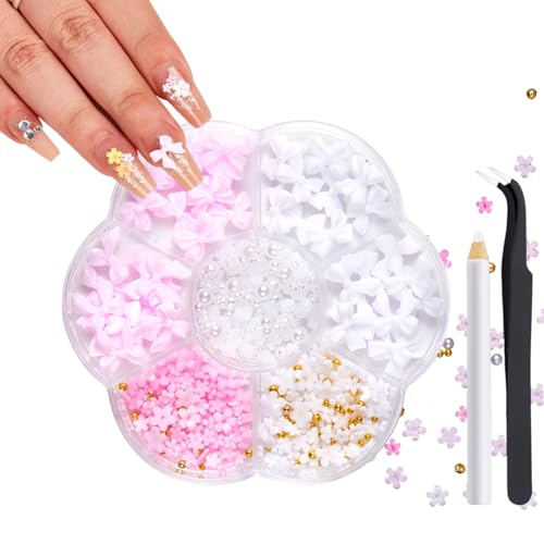 Nail Charms, Rosa Weiß Schleifenknoten Strasssteine Set - Bunte 3D Schleifenknoten Nagelstecker Schmucksteine Perlen Bows - Nagel Strasssteine für Nägel mit Aufnahmewerkzeug für Frauen und Mädchen von SONGQEE