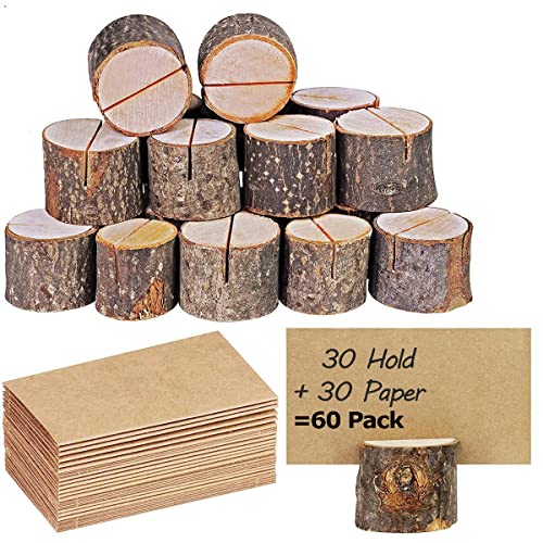 SOONHUA 60 Stück Tischkartenhalter aus Holz für Tischkarten, Namensschilder, Bilder, Notizen, Fotoklammern, Menükarten Halter für Party, Hochzeit (30 Halter + 30 Kraftpapier) von SOONHUA