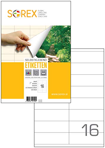 Sorex 105x36 mm Universal Etiketten Selbstklebend Weiß für alle Drucker, 100 Blatt DIN A4, Premium Aufkleber, Starke Klebekraft, Barcode, Adressetiketten, Live Geschnitten, 16 Etiketten/Blatt von SOREX