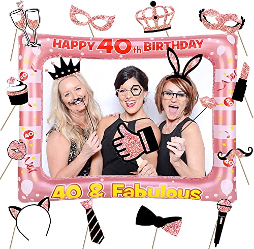 40 Geburtstag Aufblasbarer Bilderrahmen Mit 22 Pcs Foto Requisiten, 40. Photo Booth, Happy Birthday Party Fotobox Accessoires, Rosegold Selfie für Frauen Geburtstag von SOSAYI