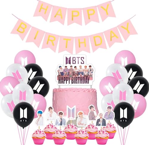 54 Stück BTS Geburtstagsdeko Set, Bangtan Boys Geburtstag Party Zubehör,1 Happy Birthday Banner, 1 Tortendeko, 22 BTS Cupcake Topper, 30 Rosa Latex Ballon, Happy Birthday Party Rosa Deko für Army von SOSAYI