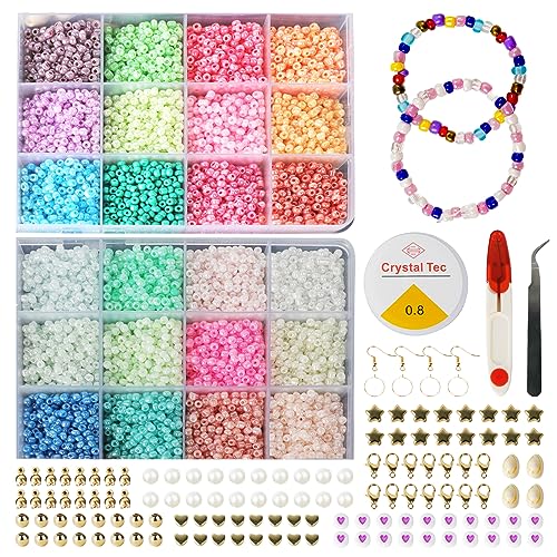 SOSHIEE Glass Seed Beads,10800pcs 3mm Jewelry Making Kit,Macaron Small Beads Pony Beads for Bracelets Necklace Ring Making with Alphabet Letter and Heart Beads Rolls of Elastic String Cord von SOSHIEE