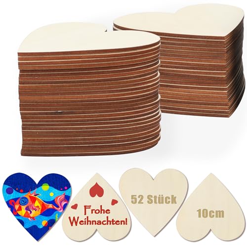 SOSMAR 52 Stück Holzherzen Deko 10cm Holzscheiben Herz Holzplatten zum Basteln Beschriften Malen Brandmalerei Aufhängen für Hochzeitsdeko Weihnachten Geburtstag Valentinstag von SOSMAR