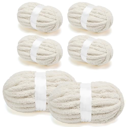 Grobes Chenille-Garn zum Häkeln, Jumbo-Garn für Armstricken, superweiches Jumbo-Strick-Deckengarn, Beige, 6 Stück (32 m, 241 g pro Packung) von SOVIKER