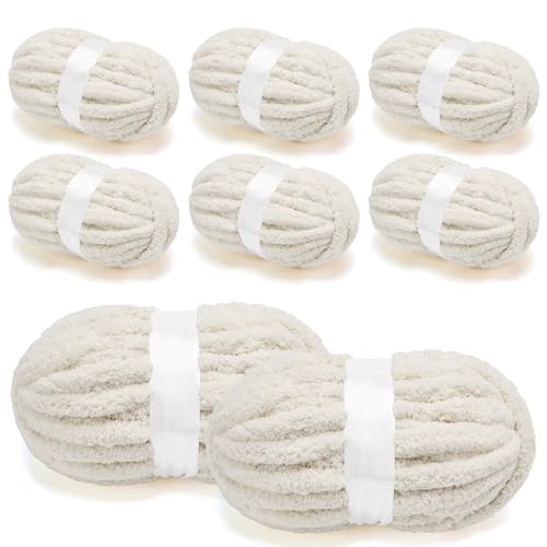 Grobes Chenille-Garn zum Häkeln, Jumbo-Garn für Armstricken, superweiches Jumbo-Strick-Deckengarn, Beige, 8 Stück (32 m, 241 g pro Packung) von SOVIKER