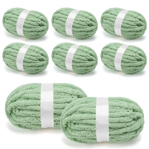 Grobes Chenille-Garn zum Häkeln, Jumbo-Garn für Armstricken, superweiches Jumbo-Strick-Deckengarn, Salbei, 8 Stück (32 m, 241 g pro Packung) von SOVIKER