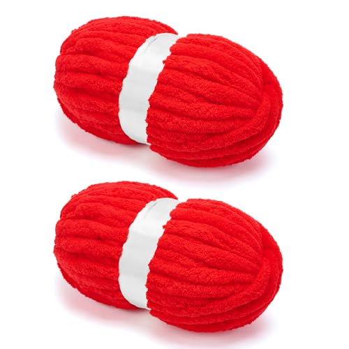 Grobes Chenille-Garn zum Häkeln, Jumbo-Garn für Armstricken, superweiches Jumbo-Strick-Deckengarn, rot, 2 Stück (32 m, 240 g pro Packung) von SOVIKER