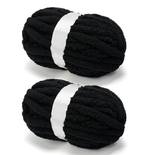 Grobes Chenille-Garn zum Häkeln, Jumbo-Garn für Armstricken, superweiches Jumbo-Strick-Deckengarn, schwarz, 2 Stück (32 m, 241 g pro Packung) von SOVIKER