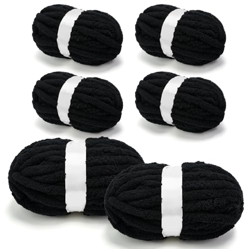 Grobes Chenille-Garn zum Häkeln, Jumbo-Garn für Armstricken, superweiches Jumbo-Strick-Deckengarn, schwarz, 6 Stück (32 m, 241 g pro Packung) von SOVIKER