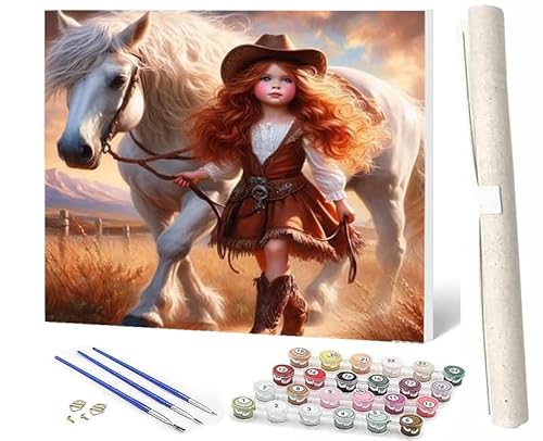 Malen Nach Zahlen Erwachsene Kinder Anfängerab 7 8 9 10 Jahre Mädchen Kit mit Pinsels und Farbe Kleines Mädchen das auf einem Pferd reitet und zähmt-3 als Geburtstag Geschenk für Home Deko (40x50cm) von SOWBIL