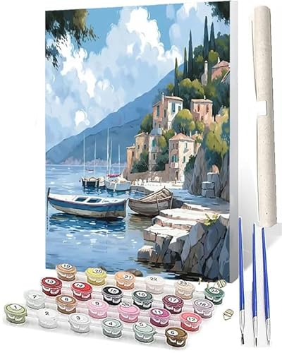 Malen Nach Zahlen Erwachsene Kinder Anfängerab 7 8 9 10 Jahre Mädchen Kit mit Pinsels und Farbe Schiff zum Meer 092 als Geburtstag Geschenk für Home Deko (40x50cm) von SOWBIL