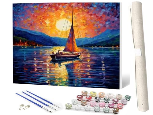 Malen Nach Zahlen Sonnenuntergang Schiff Meer DIY Malen Nach Zahlen Kit Für Erwachsene Und Kinder DIY Leinwandmalerei Aquarell-ölgemälde Acrylmalerei Kunsthandwerk 16x20 Zoll von SOWBIL