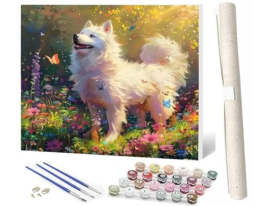 SOWBIL DIY Malen nach Zahlen Abstrakt Buntes Malen nach Zahlen für Erwachsene Blume weißer Hund 057 Wasser Kits auf Leinwand für Home Wall Decor Acryl Kits für Kind 16x20inch von SOWBIL