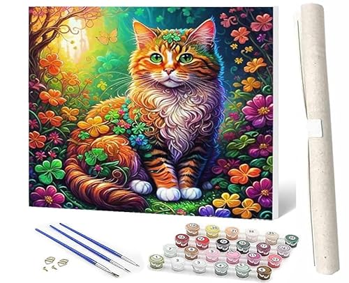 SOWBIL DIY Malen nach Zahlen Abstrakt Buntes Malen nach Zahlen für Erwachsene Katze sitzt und starrt auf Blumen-3 Wasser Kits auf Leinwand für Home Wall Decor Acryl Kits für Kind 16x20inch von SOWBIL