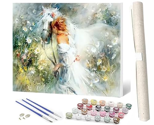 SOWBIL DIY Malen nach Zahlen Abstrakt Buntes Malen nach Zahlen für Erwachsene Prinzessin weißes Pferd Blumen Wasser Kits auf Leinwand für Home Wall Decor Acryl Kits für Kind 16x20inch von SOWBIL