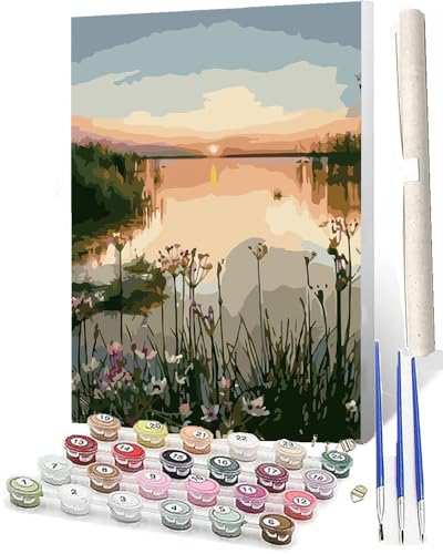 SOWBIL DIY Malen nach Zahlen Abstrakt Buntes Malen nach Zahlen für Erwachsene Sonnenuntergangssee Wasser Kits auf Leinwand für Home Wall Decor Acryl Kits für Kind 16x20inch von SOWBIL