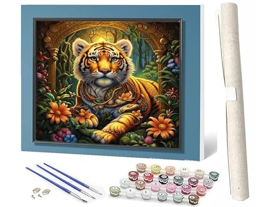 SOWBIL Malen Nach Zahlen Blumen Gras Tiger DIY Handgemalt Ölgemälde Leinwand Kits 3 Pinsel und Acrylpigment für Frauen Home Deko Geburtstag Weihnachten Geschenk 40 x 50 cm von SOWBIL