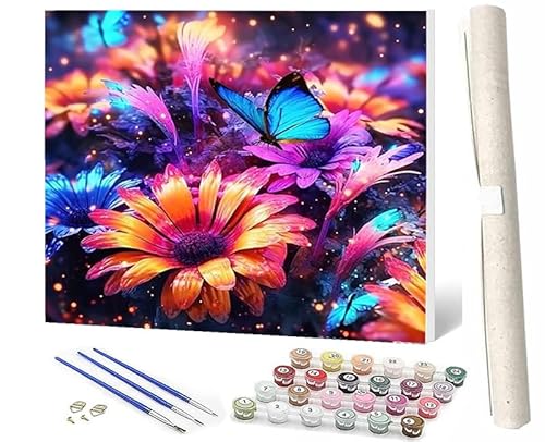 SOWBIL Malen Nach Zahlen Bunte Blumen Blumen Schmetterlinge-2 DIY Handgemalt Ölgemälde Leinwand Kits 3 Pinsel und Acrylpigment für Frauen Home Deko Geburtstag Weihnachten Geschenk 40 x 50 cm von SOWBIL