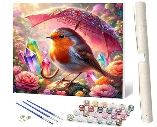 SOWBIL Malen Nach Zahlen Bunter Vogel, der einen Regenschirm hält, Edelstein-7 Malen Nach Zahlen Erwachsene AnfängerPaint by Numbers DIY Ölgemälde Leinwand Kit für Home Wand Dekor Ohne Rahmen 40X50CM von SOWBIL