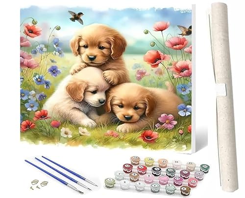 SOWBIL Malen Nach Zahlen Drei kleine Hunde mit Blumen Malen Nach Zahlen Erwachsene AnfängerPaint by Numbers DIY Ölgemälde Leinwand Kit für Home Wand Dekor Ohne Rahmen 40X50CM von SOWBIL