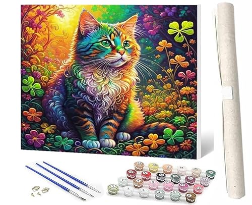 SOWBIL Malen Nach Zahlen Erwachsene Katze sitzt und starrt auf Blumen-4 DIY Handbemalte Ölgemälde Kits Für Wohnkultur Leinwand Gemälde Geschenk Für Erwachsene Anfänger KinderOhne 40 X 50CM von SOWBIL