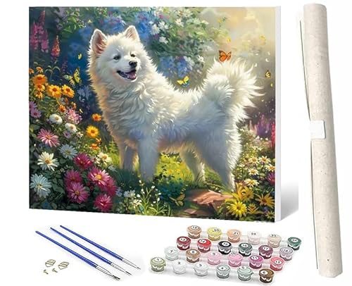 SOWBIL Malen Nach Zahlen Erwachsene Kinder Anfängerab 7 8 9 10 Jahre Mädchen Kit mit Pinsels und Farbe Blume weißer Hund 056 als Geburtstag Geschenk für Home Deko (40x50cm) von SOWBIL