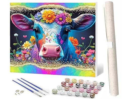 SOWBIL Malen Nach Zahlen Erwachsene Kinder Anfängerab 7 8 9 10 Jahre Mädchen Kit mit Pinsels und Farbe Blumenkuh 109 als Geburtstag Geschenk für Home Deko (40x50cm) von SOWBIL