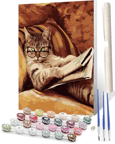 SOWBIL Malen Nach Zahlen Erwachsene Kinder Anfängerab 7 8 9 10 Jahre Mädchen Kit mit Pinsels und Farbe Brillenkatze als Geburtstag Geschenk für Home Deko (40x50cm) von SOWBIL